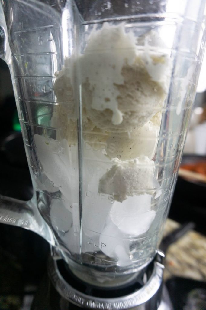 Ice cream and ice in a blender to make the Frappuccino